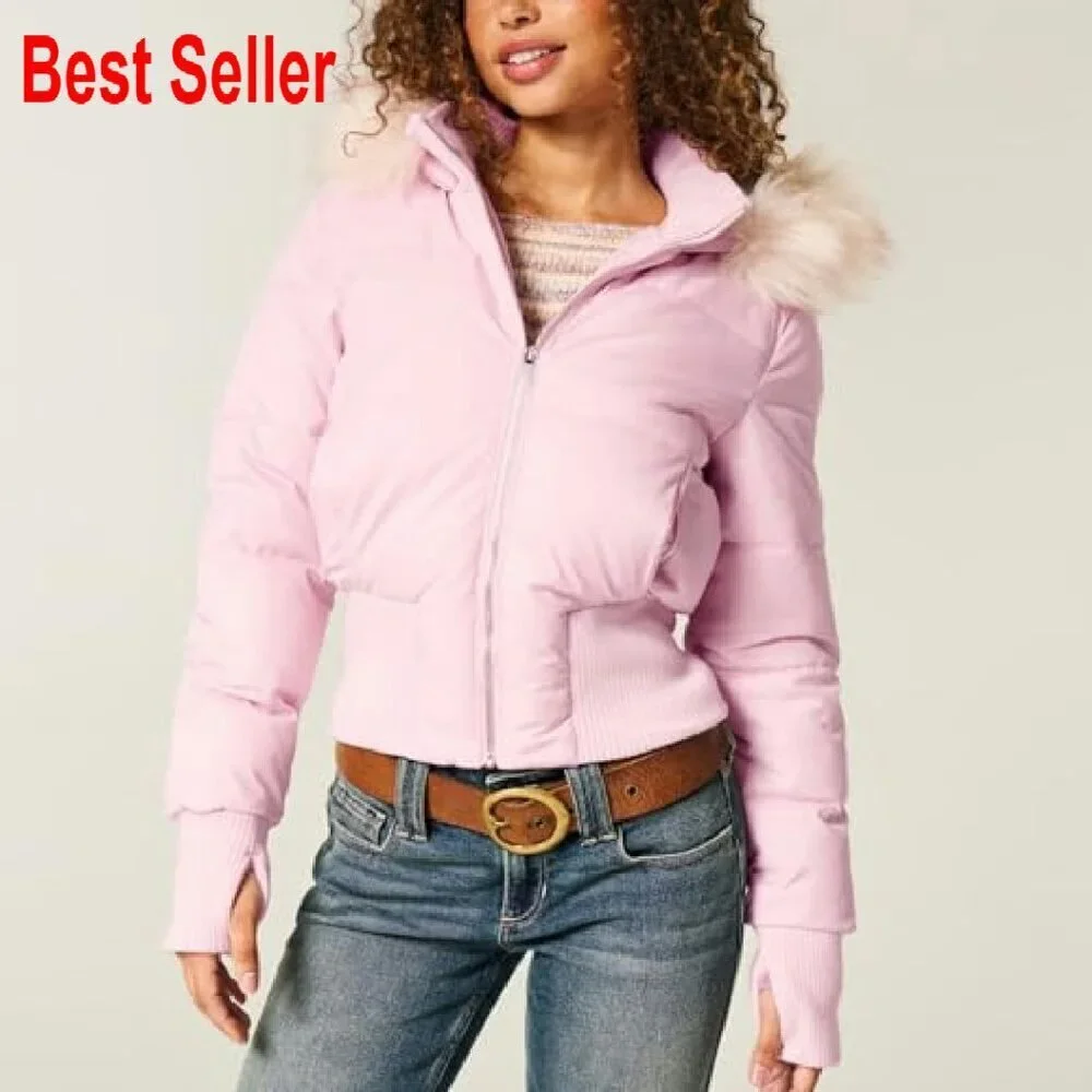Faux Fur Trim Hooded Puffer Bomber Jacket Quilted Cropped Winter Warm